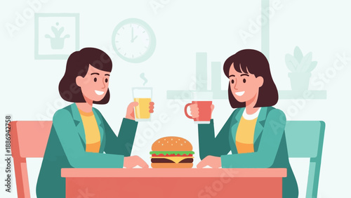 Two women enjoy lunch at a table with a burger and drinks