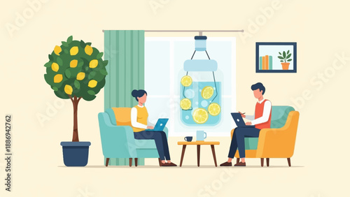 Two people work remotely in a well-lit room with a lemon tree