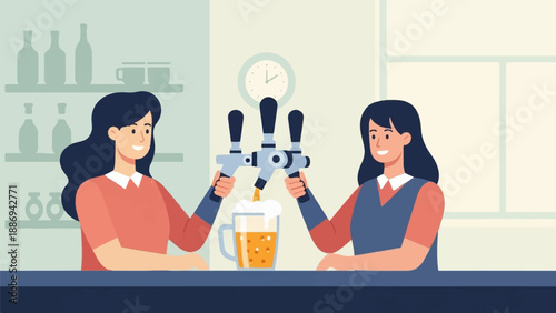 Two smiling women serving beer from taps behind a bar with shelves of bottles