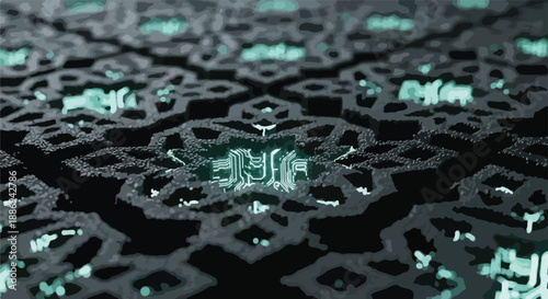 Intricate geometric pattern with glowing turquoise circuit board elements, futuristic digital design, abstract background