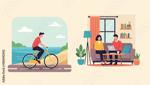 Two scenes depicting different lifestyles cycling outdoors and working indoors