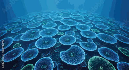 Vast underwater landscape with glowing blue and green coral formations on the ocean floor