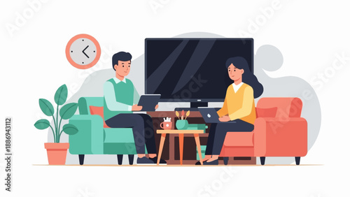 Two people working on laptops on couches in front of a television