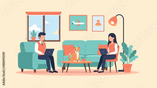 Two people work remotely at home on laptops, with a dog nearby