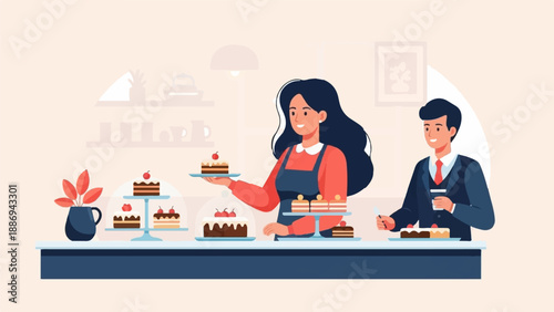 Two smiling people working at a bakery counter with various cakes and pastries