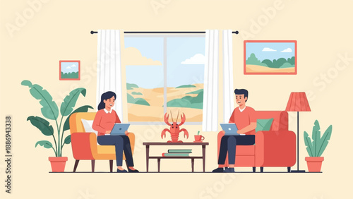 Two people working on laptops on sofas in a living room with a lobster