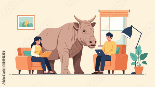 Two people work on laptops with a cow in a living room