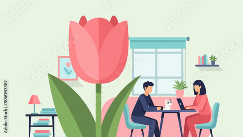 Two people work on laptops with a cat, a large tulip, and indoor plants