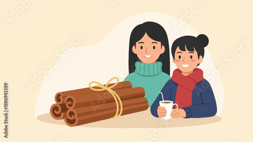 Two smiling people in warm clothes with cinnamon sticks and a hot drink
