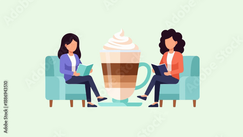 Two women read books on couches next to a layered coffee drink