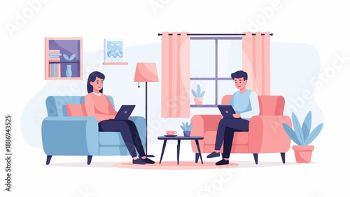 Two people work on laptops while relaxing on sofas in a cozy living room