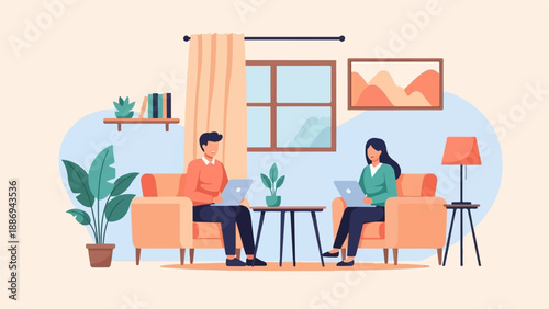 Two people work on laptops while relaxing in cozy chairs, home setting