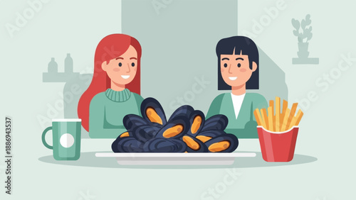 Two smiling friends share a meal of mussels and fries