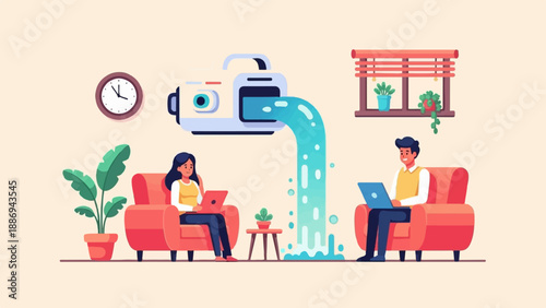 Two people working on laptops while a device pours water between them