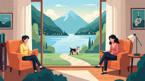 Two women read in armchairs while dog watches serene lakeside mountain view