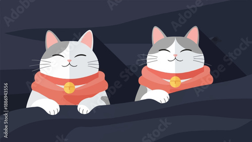Two smiling cats with scarves and bells