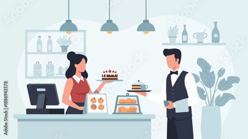 Two servers in a cafe display cakes, cookies, and drinks on a counter