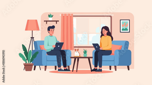 Two people work on laptops on comfortable couches in a living room with a dog