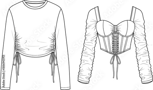 Women's long sleeve fashion tops vector flat sketch set featuring side drawstring t-shirt and lace-up corset bustier.