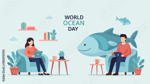 Two people working on laptops with a large fish and ocean theme