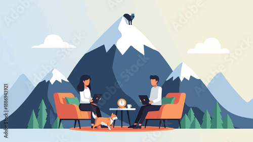 Two people work on laptops on chairs before mountains with a dog