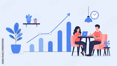 Two people working on laptops with a rising graph and plants