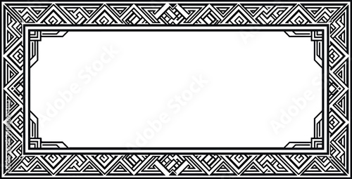 A vector frame with an ornate, rectangular border design featuring geometric patterns on a white background.