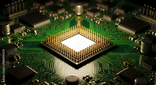 A close-up view of a computer chip on a circuit board