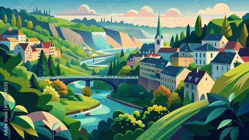 Very beautiful view of Vallée de la Pétrusse from Adolphe Bridge, showcasing lush greenery, deep valley contours, and harmonious integration of nature and Luxembourg’s urban landscape.