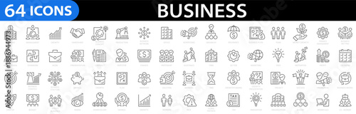 Set of 64 Business icons. Business team, finance, meeting, management, work, profit, growth, planning, company, office, success, partnership, startup and more. Editable stroke. Vector illustration.