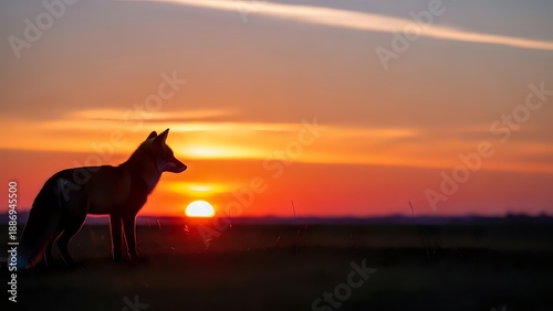 Wild coyote silhouette standing alert against dramatic orange sunset sky in open prairie landscape for wildlife and nature themed designs.