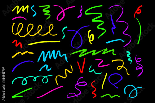 Collection multi colored untidy scribble lines, doodles Hand drawn marker curved lines, crayon drawing isolated on black background Colorful charcoal abstract elements Squiggles scribbles cratches