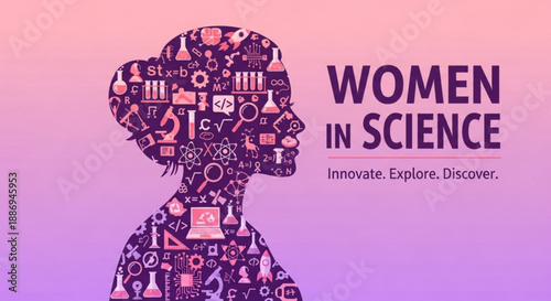 Women in science concept with silhouette and scientific symbols on gradient background