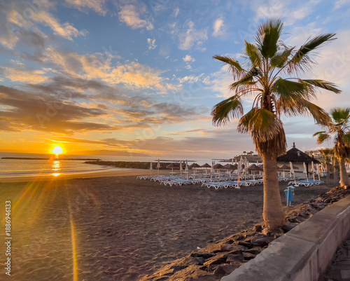Beautiful sunset at Costa Adeje beach, Teneriffe, Canary Islands, Spain