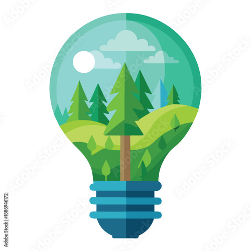 a stylized light bulb illustration depicting a vibrant green landscape with trees hills and a sunny sky within its glass enclosure