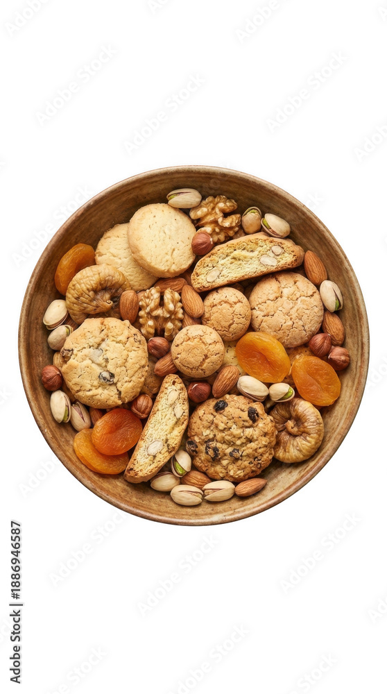 Obraz premium A wooden bowl seen from directly above, filled with a delightful assortment of cookies, nuts, and dried fruits, on a transparent background.