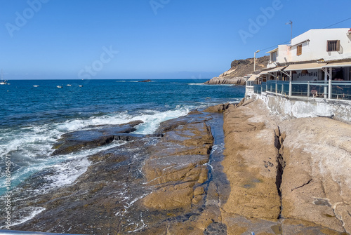 Restaurants and cafes on the beautiful coastline  and tourist attraction of La Caleta, Adeje, Teneriffe, Spain