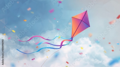 Colorful kite flying high in a vibrant sky.