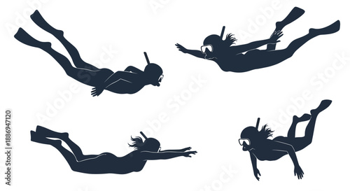 Scuba divers in various poses floating underwater, silhouetted against a white background, illustrated in a minimalist style, Whisk reference c3051313ee40965afac4b0d2746f01c9dr