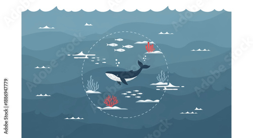 Oceanic Symphony: A Whale's Underwater Ballet: Witness a serene underwater scene. A majestic whale gracefully navigates amidst a diverse array of marine life in a harmonious aquatic realm.