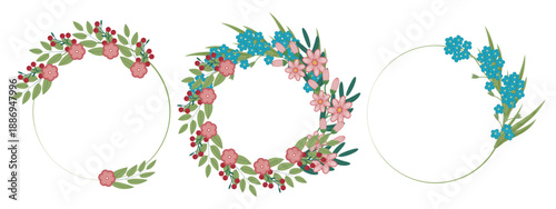 Decorative set of spring floral wreaths featuring blooming flowers and lush green leaves Perfect for seasonal greeting cards, invitations, and spring-themed designs. Copy space for greeting text Label