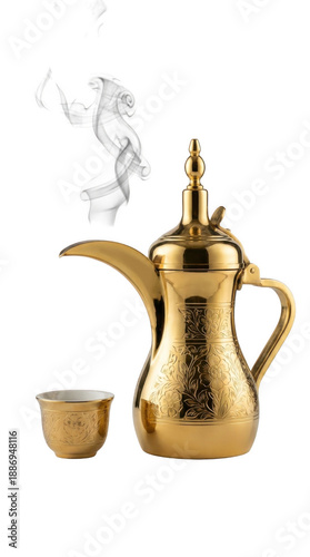 Traditional golden Arabic Dallah coffee pot with intricate engravings, steaming gently next to a matching small coffee cup on a transparent background.