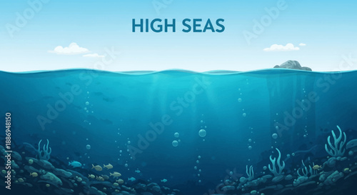 Undersea Vista: Dive into the deep blue sea, where sunlight dances through the water, illuminating a vibrant underwater ecosystem. The vast expanse of the ocean floor, teems with marine life.