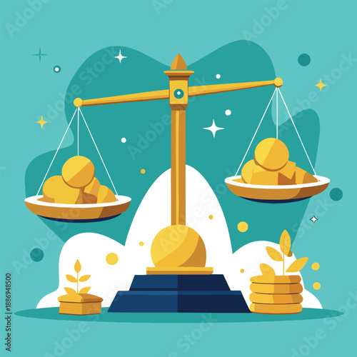 a vibrant illustration depicts a balanced scale with golden coins on each side symbolizing fairness justice and financial equilibrium