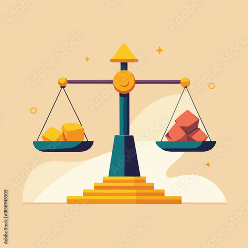 a stylized illustration depicting a balance scale with golden and reddish blocks on either side symbolizing equilibrium and fairness