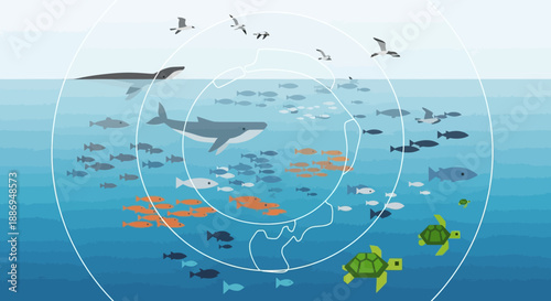 Ocean Life and Its Ecosystem: A captivating illustration of the ocean's food chain, illustrating the diverse marine life thriving within its ecosystem.