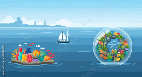 Oceanic Dreamscape: A captivating illustration showcases the serene beauty of the ocean, a sailboat glides across the tranquil waters, while vibrant coral reefs thrive.