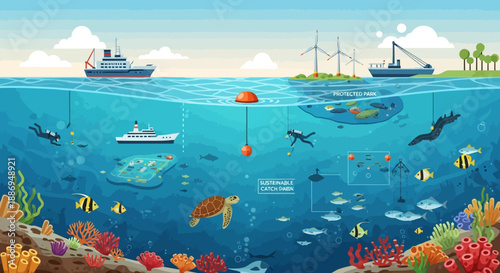Oceanic Wonders: A vibrant and detailed illustration showcasing the diverse ecosystem beneath the sea's surface, with marine life and human activity coming together. 