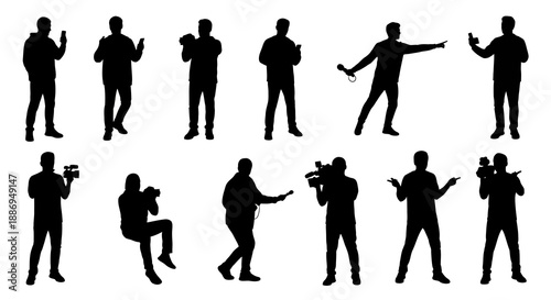 Silhouettes of people posing and interacting in various dynamic positions and movements