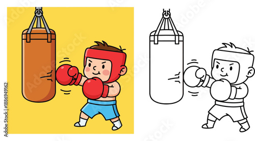 Cartoon little boy boxing with punching bag. Cute kid boxer training in gloves and headgear. Vector illustration set with colored and black and white outline for coloring book page.